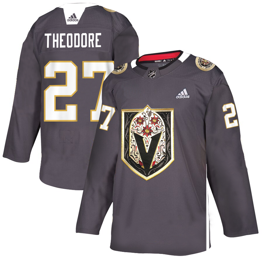 Men's Vegas Golden Knights #27 Shea Theodore Grey Latino Heritage Night Stitched NHL Jersey Men's Vegas Golden Knights #27 Shea Theodore Grey Latino Heritage Night Stitched NHL Jersey
